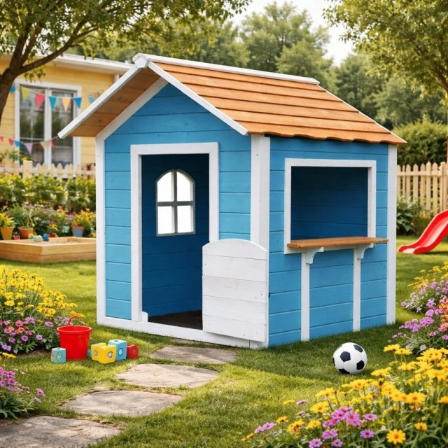 Children's Wooden Playhouse GINGER HOME – For Role Playing, Yard and Garden, Blue, 118×138×132.5 cm