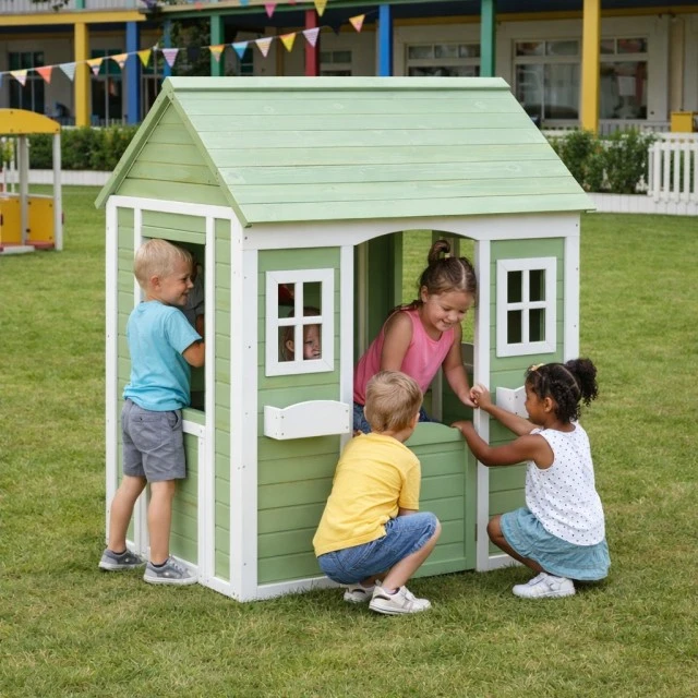 Children's Wooden Outdoor Playhouse GINGER HOME – Garden House for Children, Green and White, 107×90×144 cm