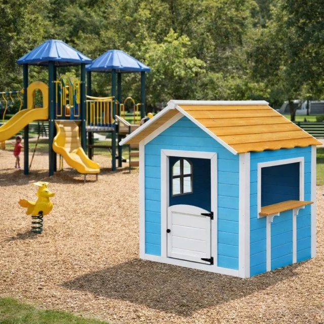 Children's Wooden Playhouse GINGER HOME – For Role Playing, Yard and Garden, Blue, 118×138×132.5 cm