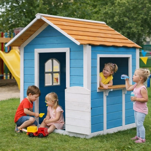 Children's Wooden Playhouse GINGER HOME – For Role Playing, Yard and Garden, Blue, 118×138×132.5 cm