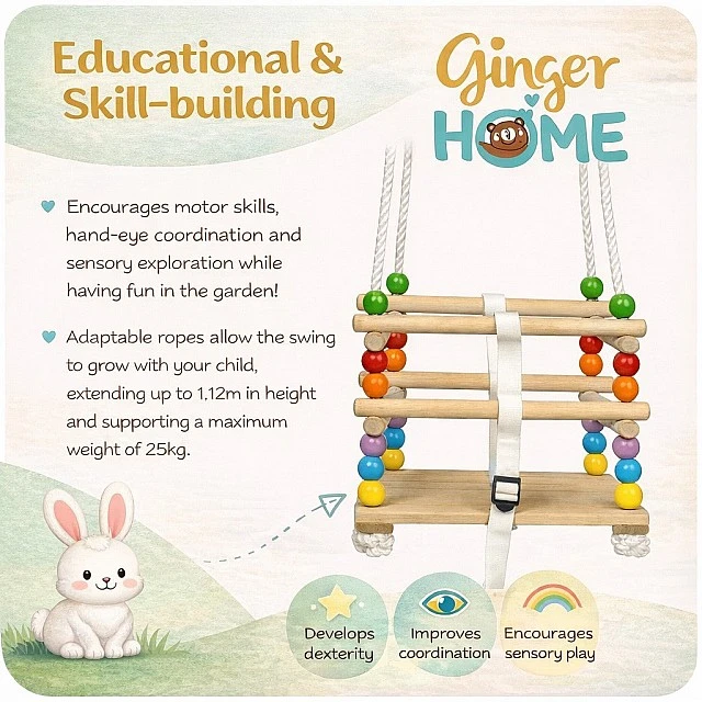 Children's Wooden Swing GINGER HOME with Belt and Sideboards – up to 70 kg, 30×30 cm