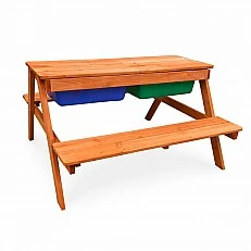 Детска Дървена Маса с Пейки и Пясъчник GINGER HOME – 2в1, Повдигащ се Плот, 90x86x50 см