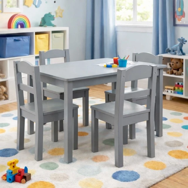 Children's Table with 4 Chairs GINGER HOME – Wooden Children's Table for Playing and Learning, Gray Set 66×56×48 cm