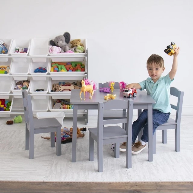 Children's Table with 4 Chairs GINGER HOME – Wooden Children's Table for Playing and Learning, Gray Set 66×56×48 cm
