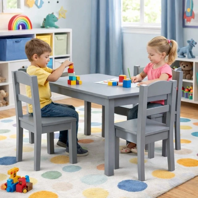 Children's Table with 4 Chairs GINGER HOME – Wooden Children's Table for Playing and Learning, Gray Set 66×56×48 cm