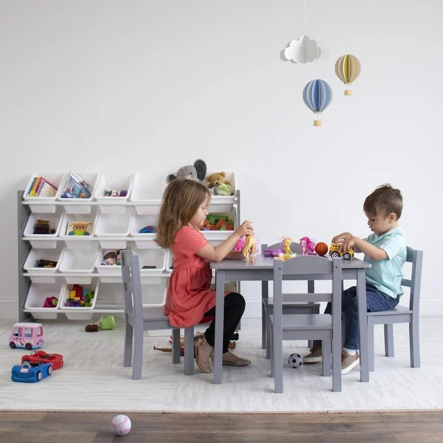 Children's Table with 4 Chairs GINGER HOME – Wooden Children's Table for Playing and Learning, Gray Set 66×56×48 cm