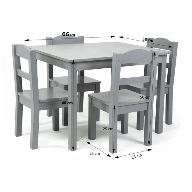 Children's Table with 4 Chairs GINGER HOME – Wooden Children's Table for Playing and Learning, Gray Set 66×56×48 cm