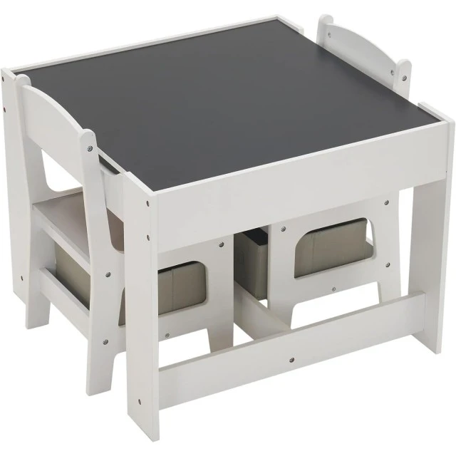Children’s Wooden Table with 2 Chairs, Set, Double Sided with Black Board, 2 in 1 - for Play and Storage WHITE/GREY