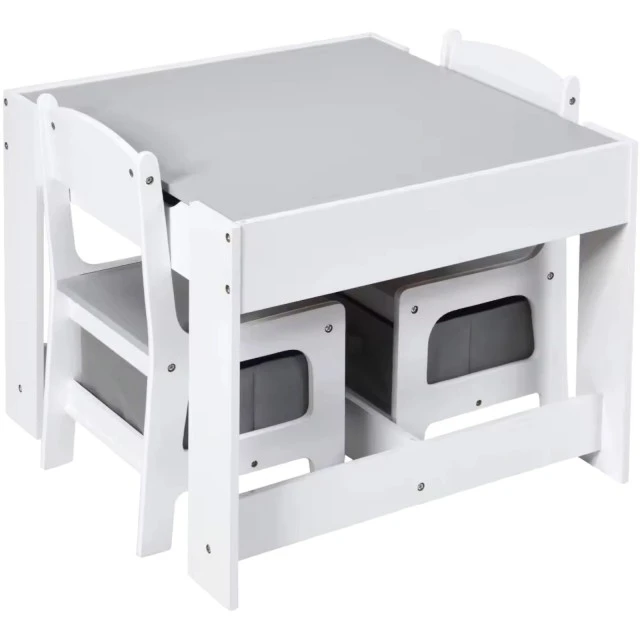 Children’s Wooden Table with 2 Chairs, Set, Double Sided with Black Board, 2 in 1 - for Play and Storage WHITE/GREY