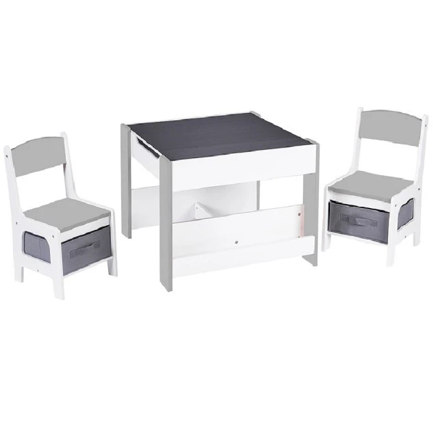 Children’s Wooden Table with 2 Chairs, Set, Double Sided with Black Board, 2 in 1 - for Play and Storage WHITE/GREY