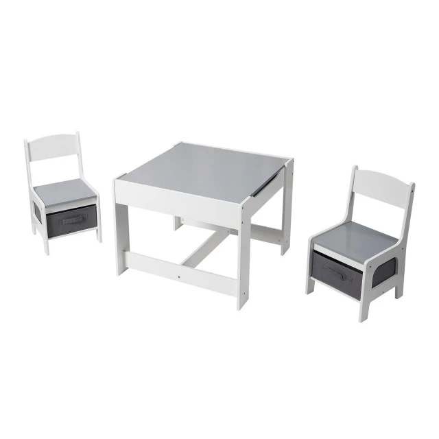 Children’s Wooden Table with 2 Chairs, Set, Double Sided with Black Board, 2 in 1 - for Play and Storage WHITE/GREY