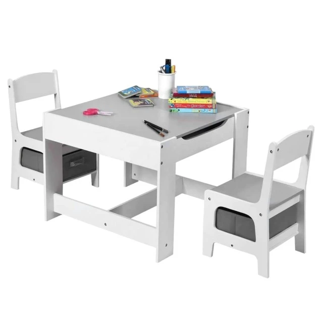Children’s Wooden Table with 2 Chairs, Set, Double Sided with Black Board, 2 in 1 - for Play and Storage WHITE/GREY