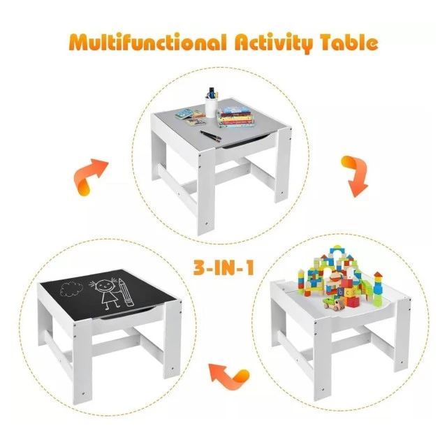 Children’s Wooden Table with 2 Chairs, Set, Double Sided with Black Board, 2 in 1 - for Play and Storage WHITE/GREY