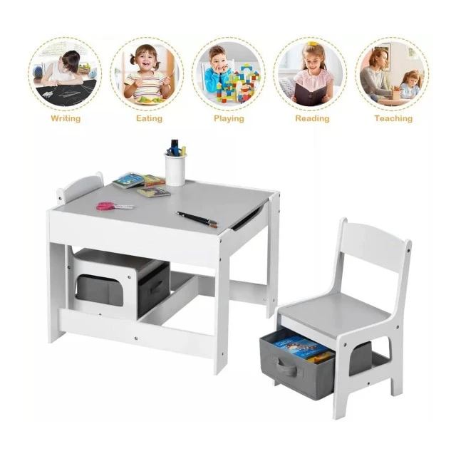 Children’s Wooden Table with 2 Chairs, Set, Double Sided with Black Board, 2 in 1 - for Play and Storage WHITE/GREY