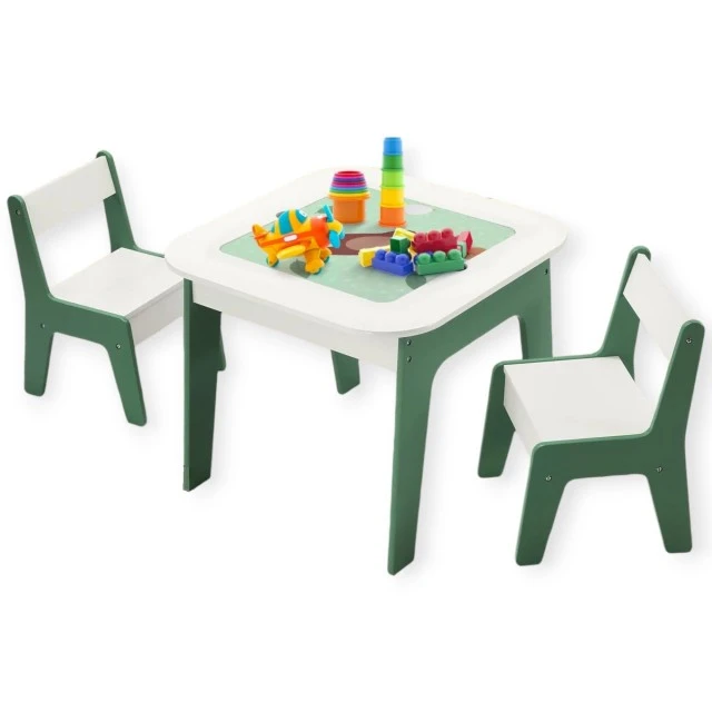 Children’s table with chairs 4 in 1 GINGER HOME, 2 tops, blackboard and LEGO-type construction top, Forest