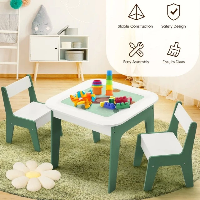 Children’s table with chairs 4 in 1 GINGER HOME, 2 tops, blackboard and LEGO-type construction top, Forest
