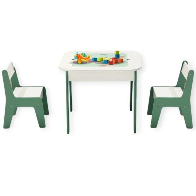 Children’s table with chairs 4 in 1 GINGER HOME, 2 tops, blackboard and LEGO-type construction top, Forest