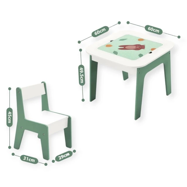 Children’s table with chairs 4 in 1 GINGER HOME, 2 tops, blackboard and LEGO-type construction top, Forest