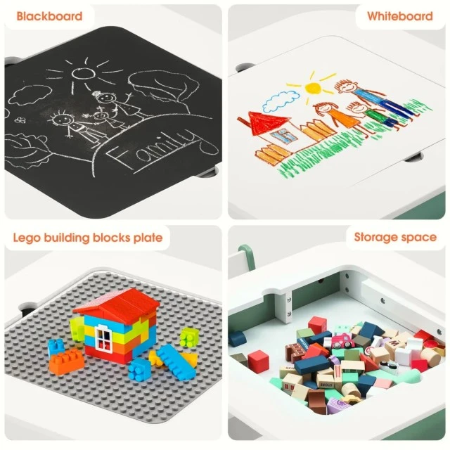 Children’s table with chairs 4 in 1 GINGER HOME, 2 tops, blackboard and LEGO-type construction top, Forest