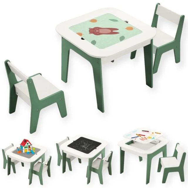 Children’s table with chairs 4 in 1 GINGER HOME, 2 tops, blackboard and LEGO-type construction top, Forest