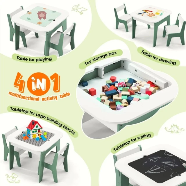 Children’s table with chairs 4 in 1 GINGER HOME, 2 tops, blackboard and LEGO-type construction top, Forest