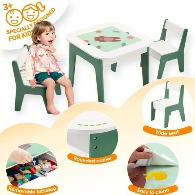 Children’s table with chairs 4 in 1 GINGER HOME, 2 tops, blackboard and LEGO-type construction top, Forest