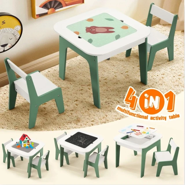 Children’s table with chairs 4 in 1 GINGER HOME, 2 tops, blackboard and LEGO-type construction top, Forest