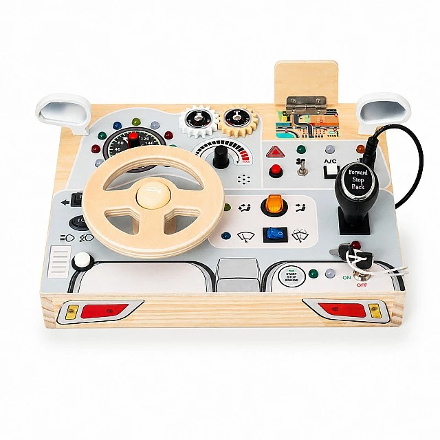 Children's Wooden Busy Board Car GINGER HOME, Steering Wheel with Buttons and Sounds, 29.5x22x4 cm, Montessori Toy