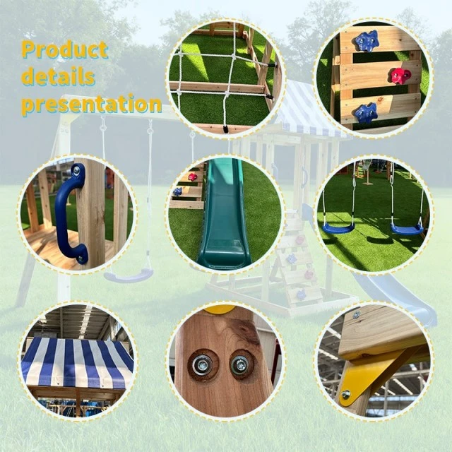 Children's Wooden Outdoor Play Set GINGER HOME 4 in 1 – Slide 1.8 m, 2 Swings, Climbing Frame and Rope Net, 308×318×244 cm