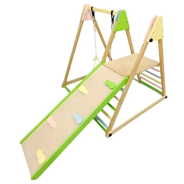Children's Wooden Set GINGER HOME 4 in 1 – Swing, Slide, Climbing Frame and Climbing Ramp, 120x112x114 cm