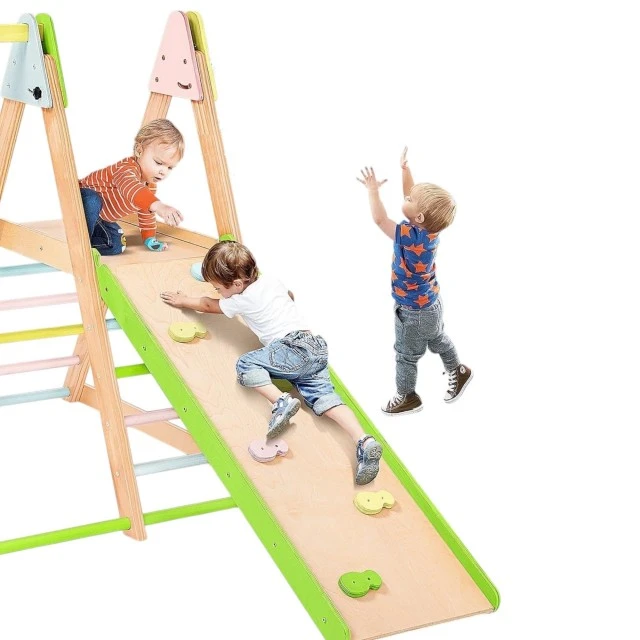 Children's Wooden Set GINGER HOME 4 in 1 – Swing, Slide, Climbing Frame and Climbing Ramp, 120x112x114 cm