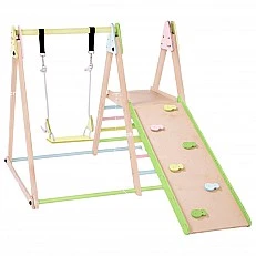 Children's Wooden Set GINGER HOME 4 in 1 – Swing, Slide, Climbing Frame and Climbing Ramp, 120x112x114 cm