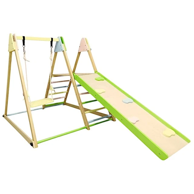 Children's Wooden Set GINGER HOME 4 in 1 – Swing, Slide, Climbing Frame and Climbing Ramp, 120x112x114 cm
