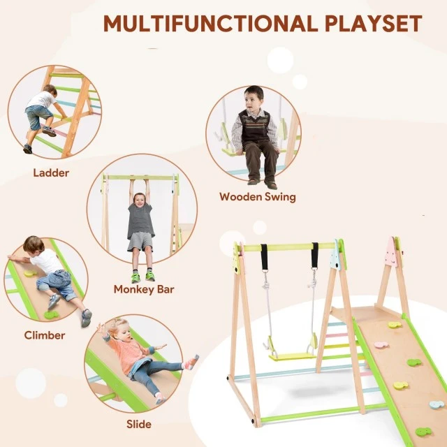 Children's Wooden Set GINGER HOME 4 in 1 – Swing, Slide, Climbing Frame and Climbing Ramp, 120x112x114 cm