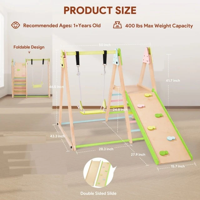 Children's Wooden Set GINGER HOME 4 in 1 – Swing, Slide, Climbing Frame and Climbing Ramp, 120x112x114 cm