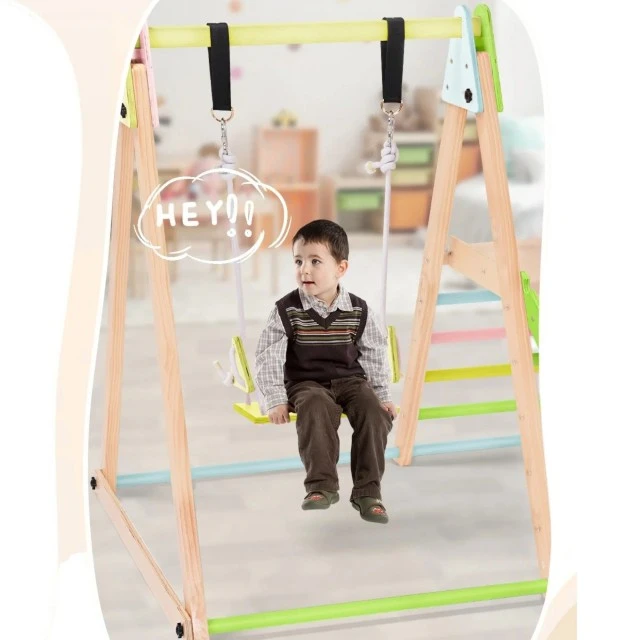 Children's Wooden Set GINGER HOME 4 in 1 – Swing, Slide, Climbing Frame and Climbing Ramp, 120x112x114 cm