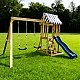 Детски Дървен Комплект за Игра на Открито GINGER HOME 4 в 1 – Пързалка 1.8 м, 2 Люлки, Катерушка и Въжена Мрежа, 308×318×244 см
