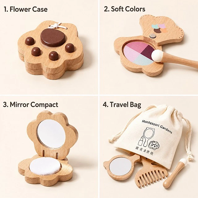 Children's Wooden Cosmetic Set GINGER HOME, Makeup for Role Play, Bag, Montessori