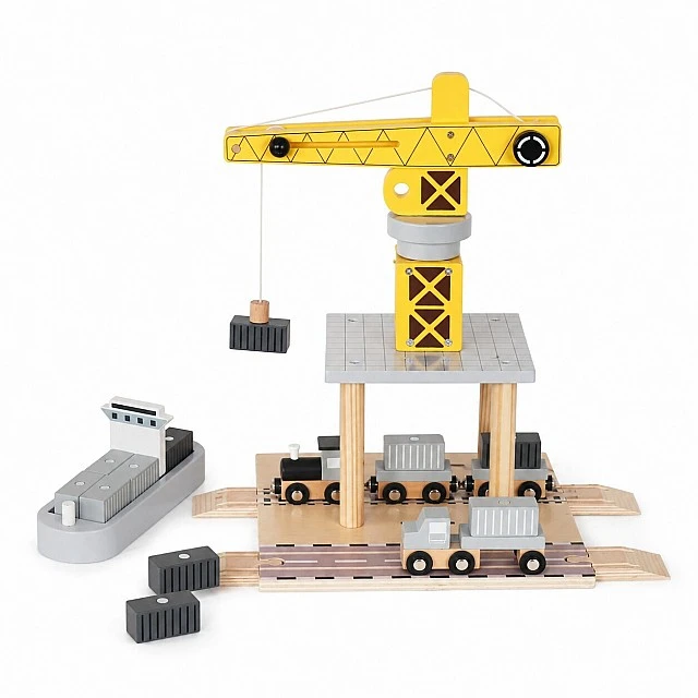 Children's Wooden Crane GINGER HOME, Set with Train, Truck and Ship, 28x20x45 cm