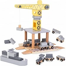 Children's Wooden Crane GINGER HOME, Set with Train, Truck and Ship, 28x20x45 cm