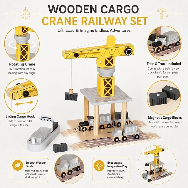 Children's Wooden Crane GINGER HOME, Set with Train, Truck and Ship, 28x20x45 cm
