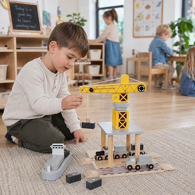 Children's Wooden Crane GINGER HOME, Set with Train, Truck and Ship, 28x20x45 cm