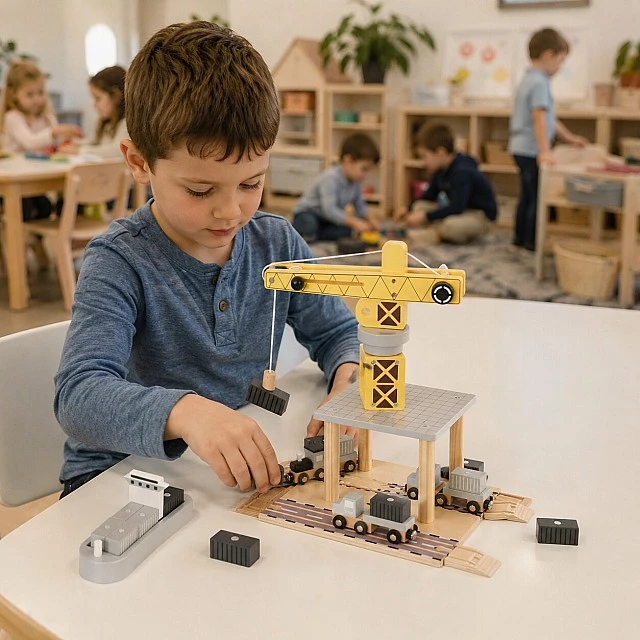 Children's Wooden Crane GINGER HOME, Set with Train, Truck and Ship, 28x20x45 cm