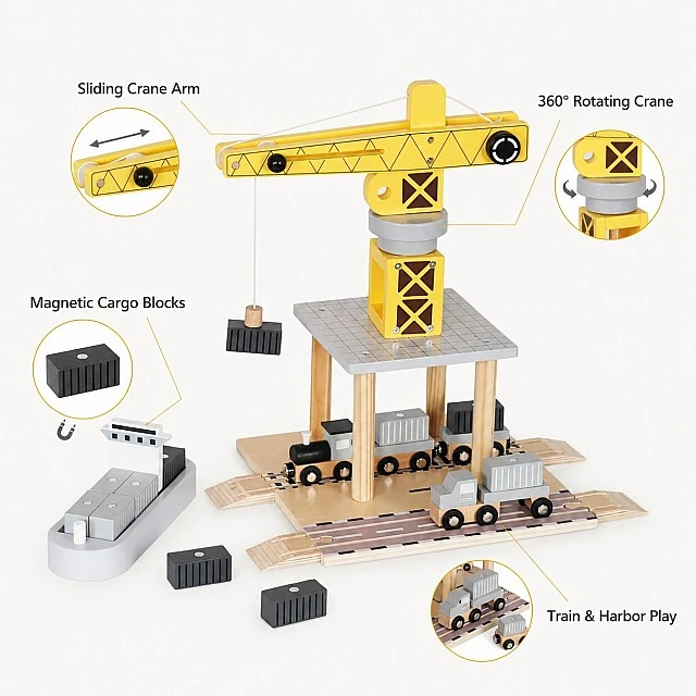 Children's Wooden Crane GINGER HOME, Set with Train, Truck and Ship, 28x20x45 cm