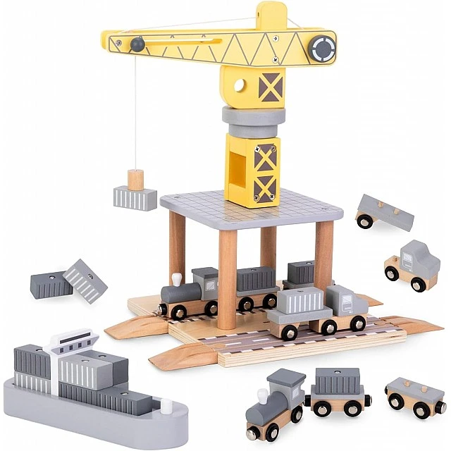 Children's Wooden Crane GINGER HOME, Set with Train, Truck and Ship, 28x20x45 cm