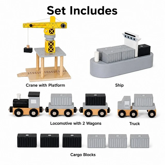 Children's Wooden Crane GINGER HOME, Set with Train, Truck and Ship, 28x20x45 cm