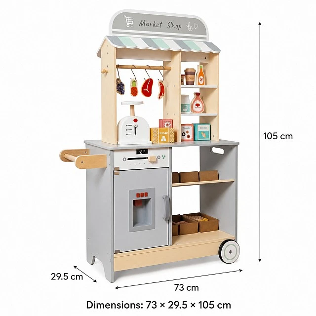 Children's Wooden Shop GINGER HOME 2 in 1, Kitchen, Stand, Shelves, Blackboard and Accessories, 60/73x29.5x105 cm