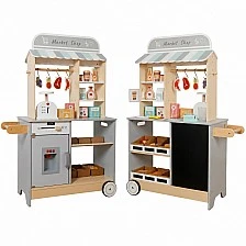 Детски Дървен Магазин GINGER HOME 2 в 1, Кухня, Щанд, Рафтове, Черна Дъска и Аксесоари, 60/73x29.5x105 см
