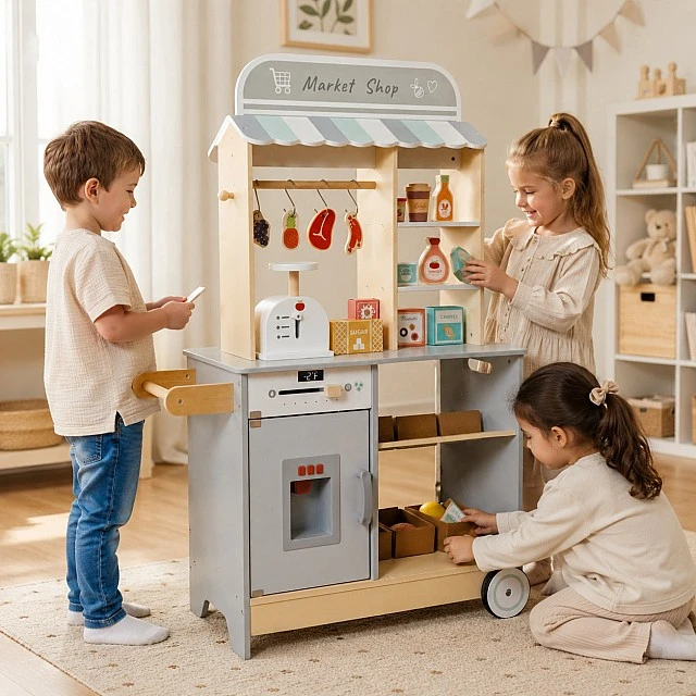 Children's Wooden Shop GINGER HOME 2 in 1, Kitchen, Stand, Shelves, Blackboard and Accessories, 60/73x29.5x105 cm