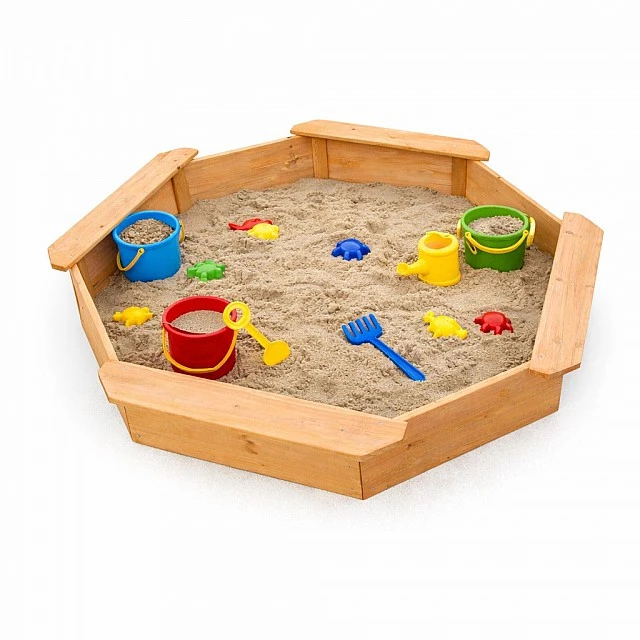 Children's wooden sandbox GINGER HOME – 8-sided model with 4 seats, 134.5×134.5 cm